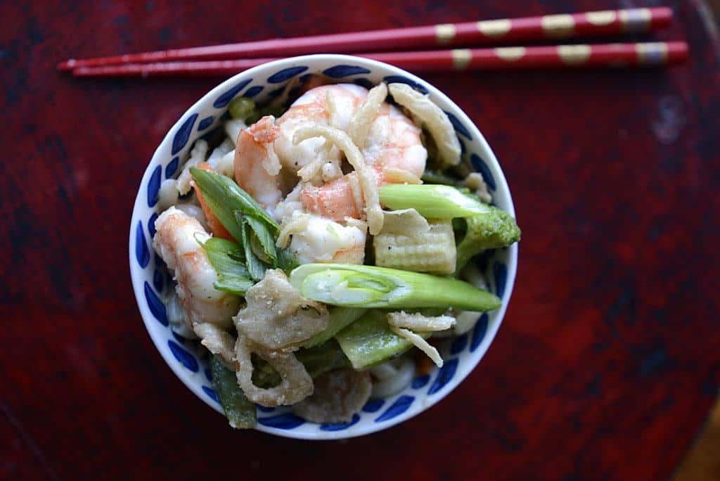 shrimp veggie noodle bowl